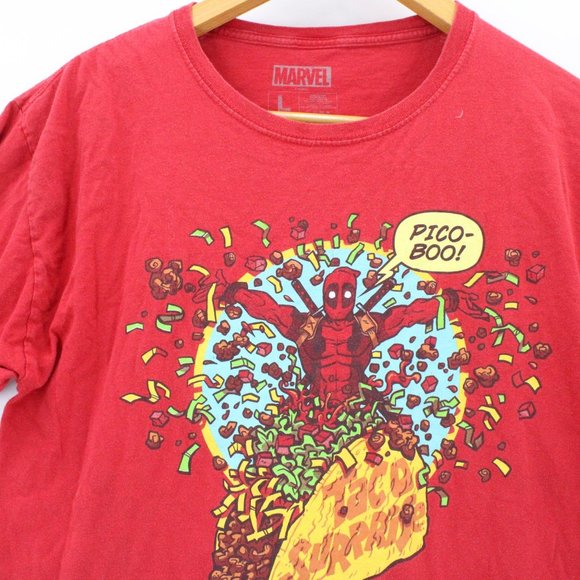 Marvel X Dead Pool Shirt Mens Red Short Sleeve "Taco Surprise" Graphic Logo Sz L - Picture 3 of 8